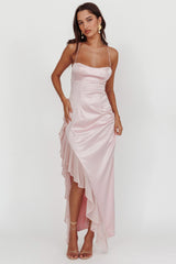 Katarina Satin Ruffle Hem Maxi Dress Cheek