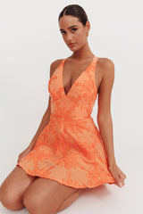 Lavalle Criss-Cross Floral Embellished Mini Dress Orange
