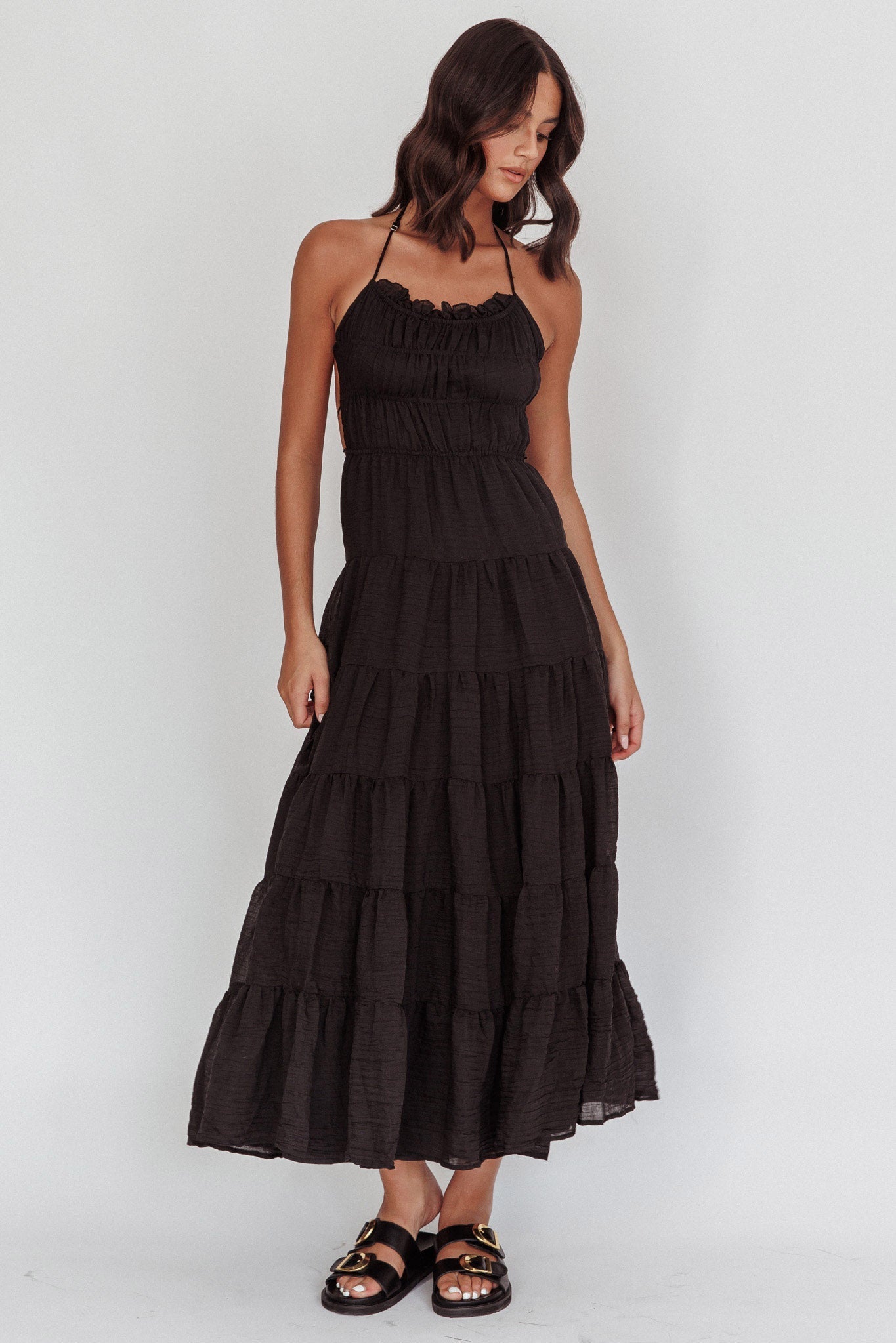 On A High Open Back Maxi Dress Black