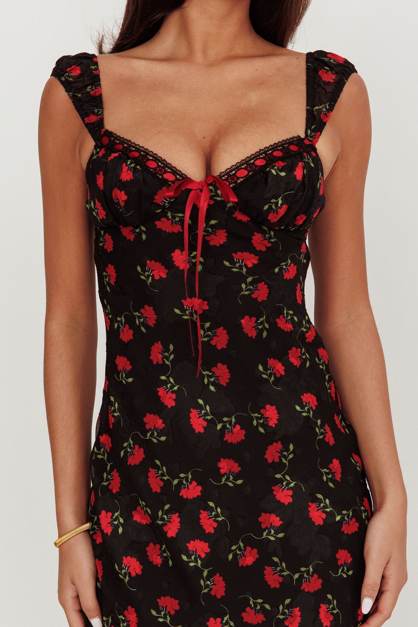 Femme Belle Ribbon Trim Maxi Dress Floral Black