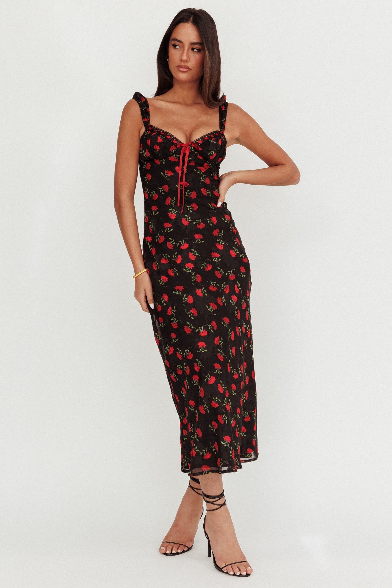 Femme Belle Ribbon Trim Maxi Dress Floral Black