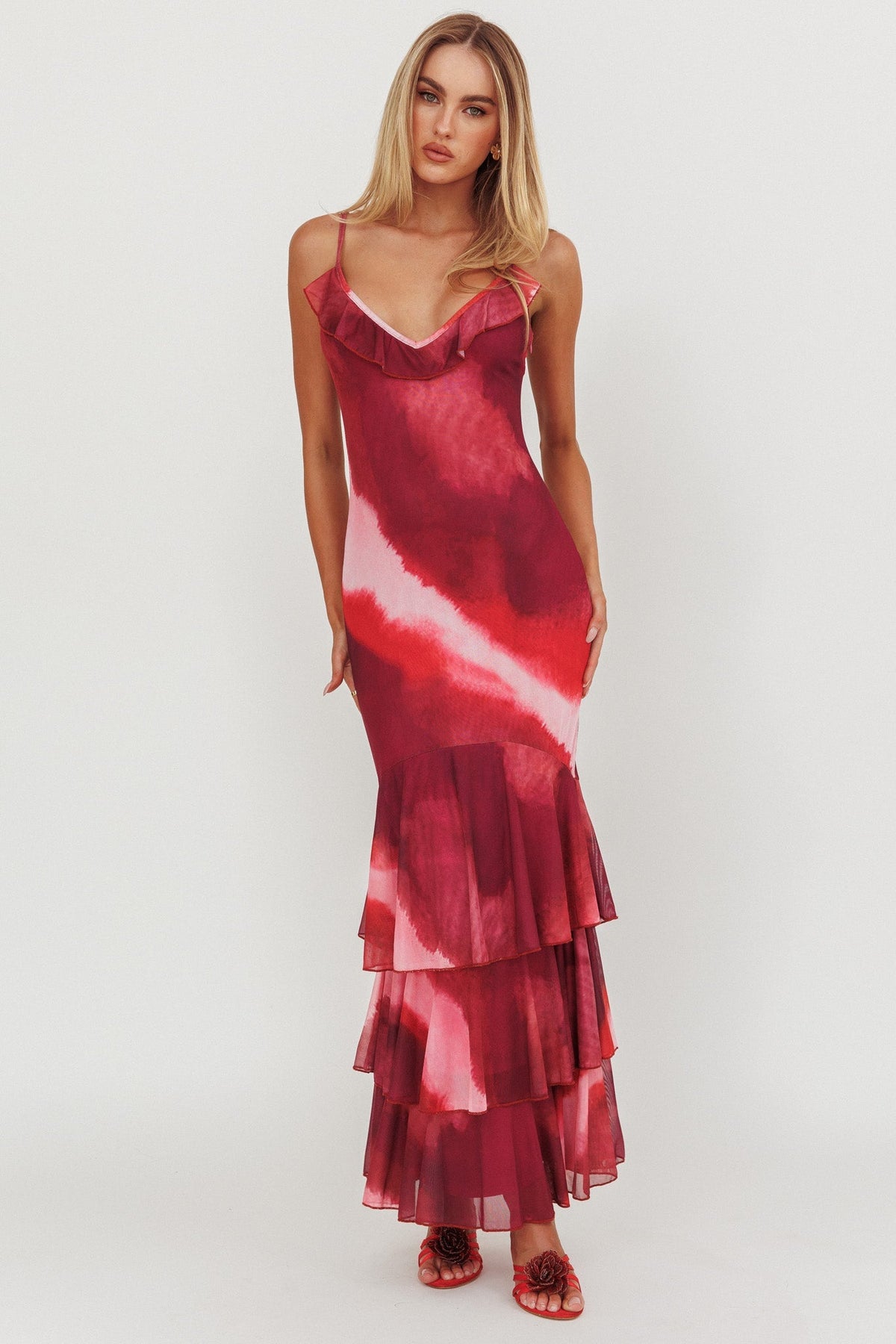 Oskar Tiered Ruffle Hem Mermaid Maxi Dress Pink