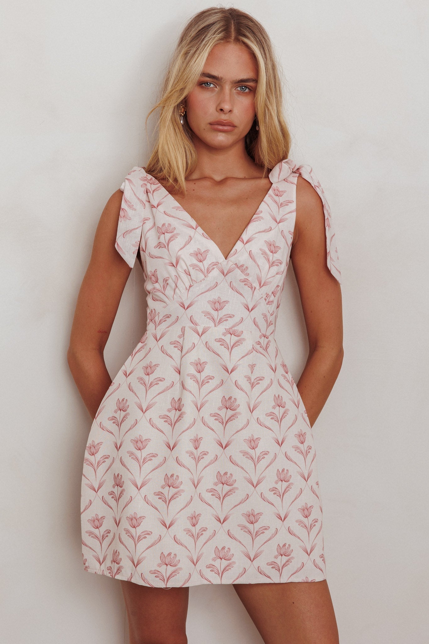 Glam Up Tied Shoulder Mini Dress Beige