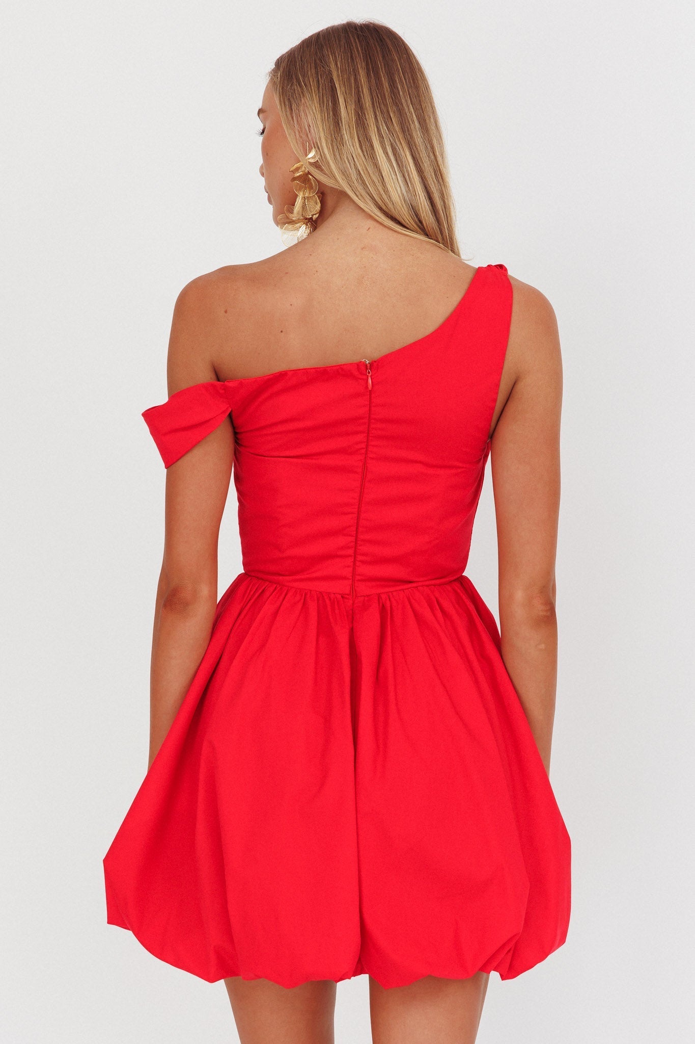 Celinda Asymmetric Neckline Balloon Mini Dress Red