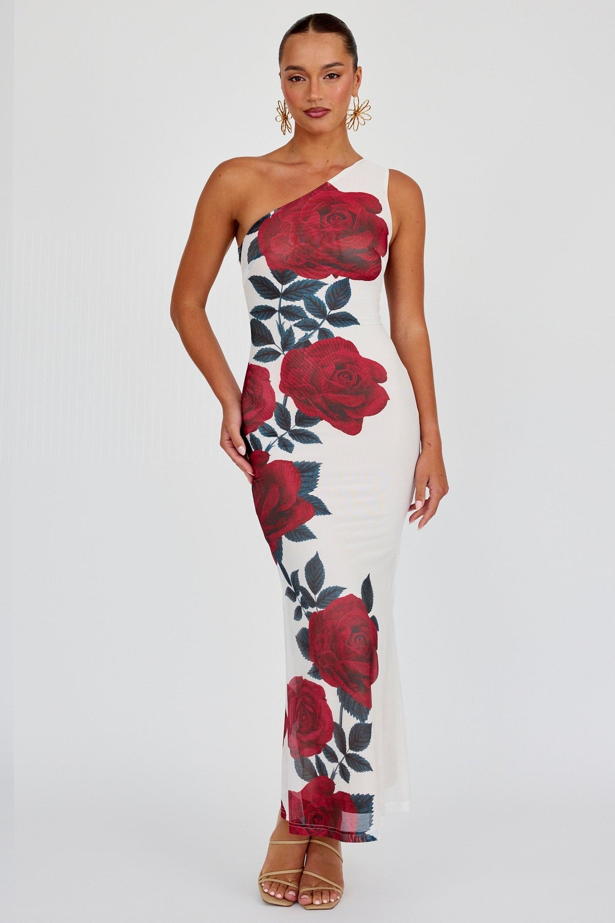 Desiree One Shoulder Mesh Maxi Dres Rose