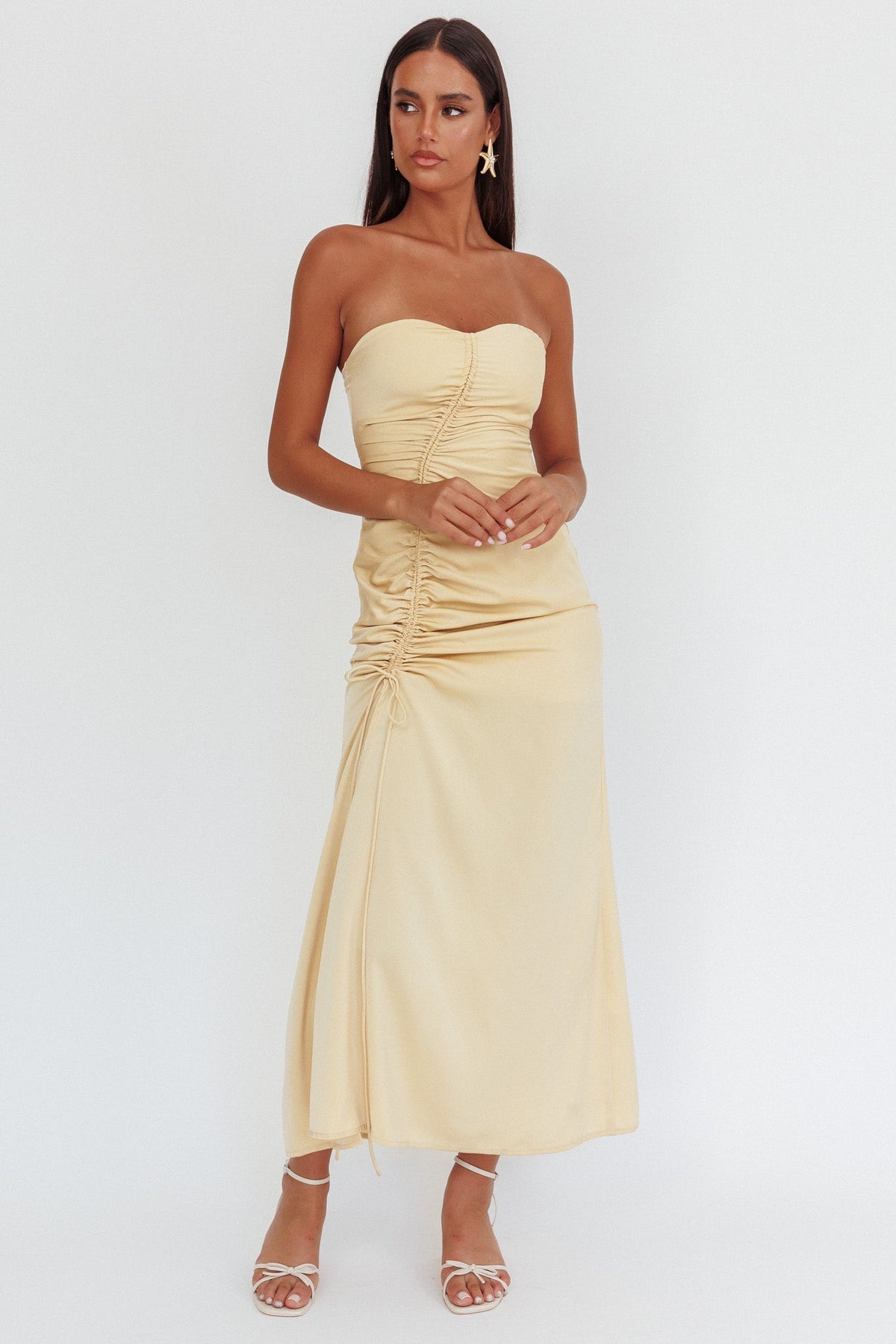 Molinda Strapless Ruched Drawstring Maxi Dress Golden