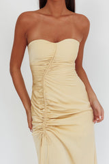 Molinda Strapless Ruched Drawstring Maxi Dress Golden