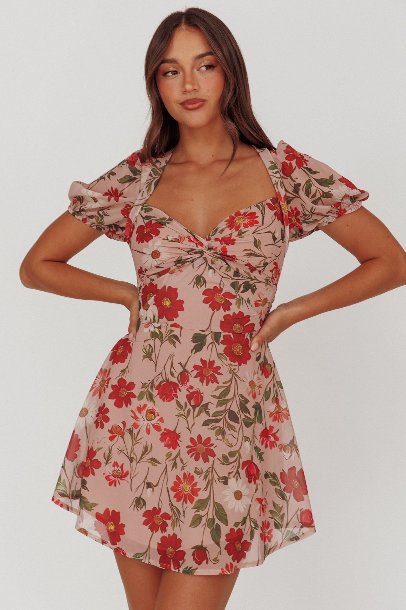 Dillon Twist Bust Mini Dress Floral Beige